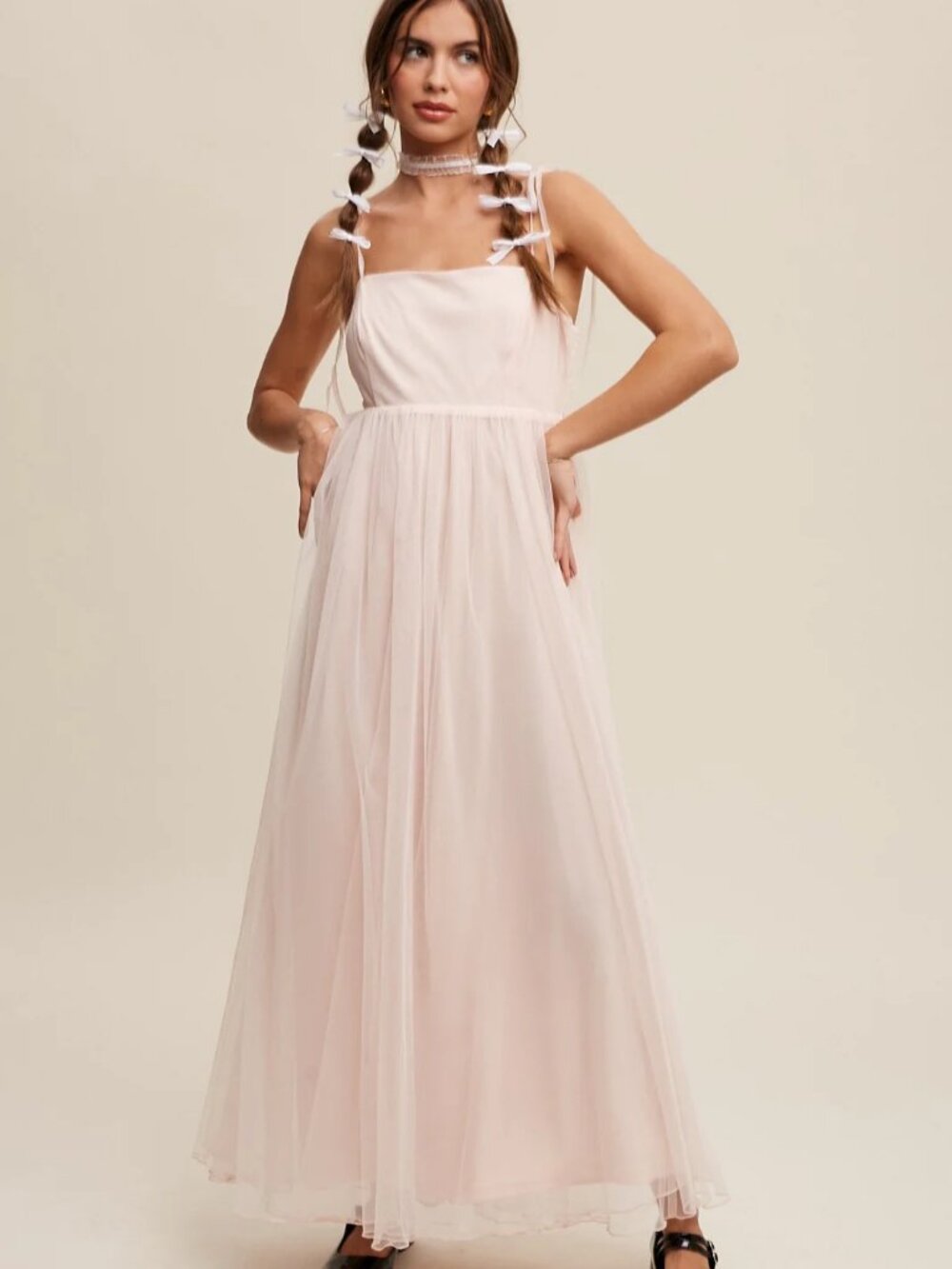 Listicle Shoulder Tie Tulle Maxi Dress, Light Pink, size S